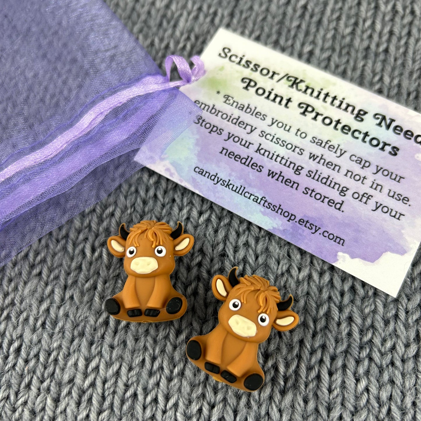Knitting Needle Stoppers Highland Cow Stich Savers, Point Protectors , Knitting Accessories and Notions, Gifts for knitters, Aberdeen Angus