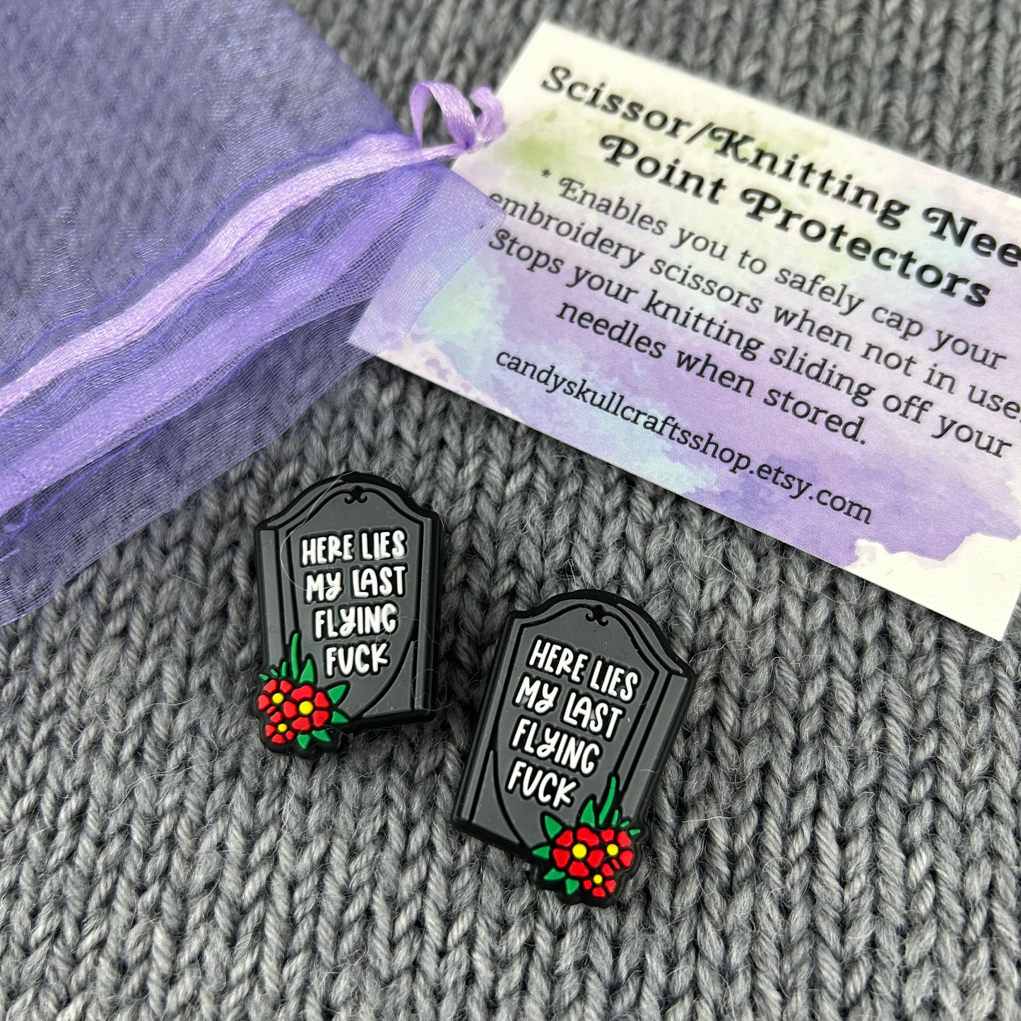 Rude Knitting Needle Stitch Savers Stoppers End Caps, Here Lies My Last Flying F*#k, Knitting Notions Accessories, Gifts for knittersories, Gifts for knitters