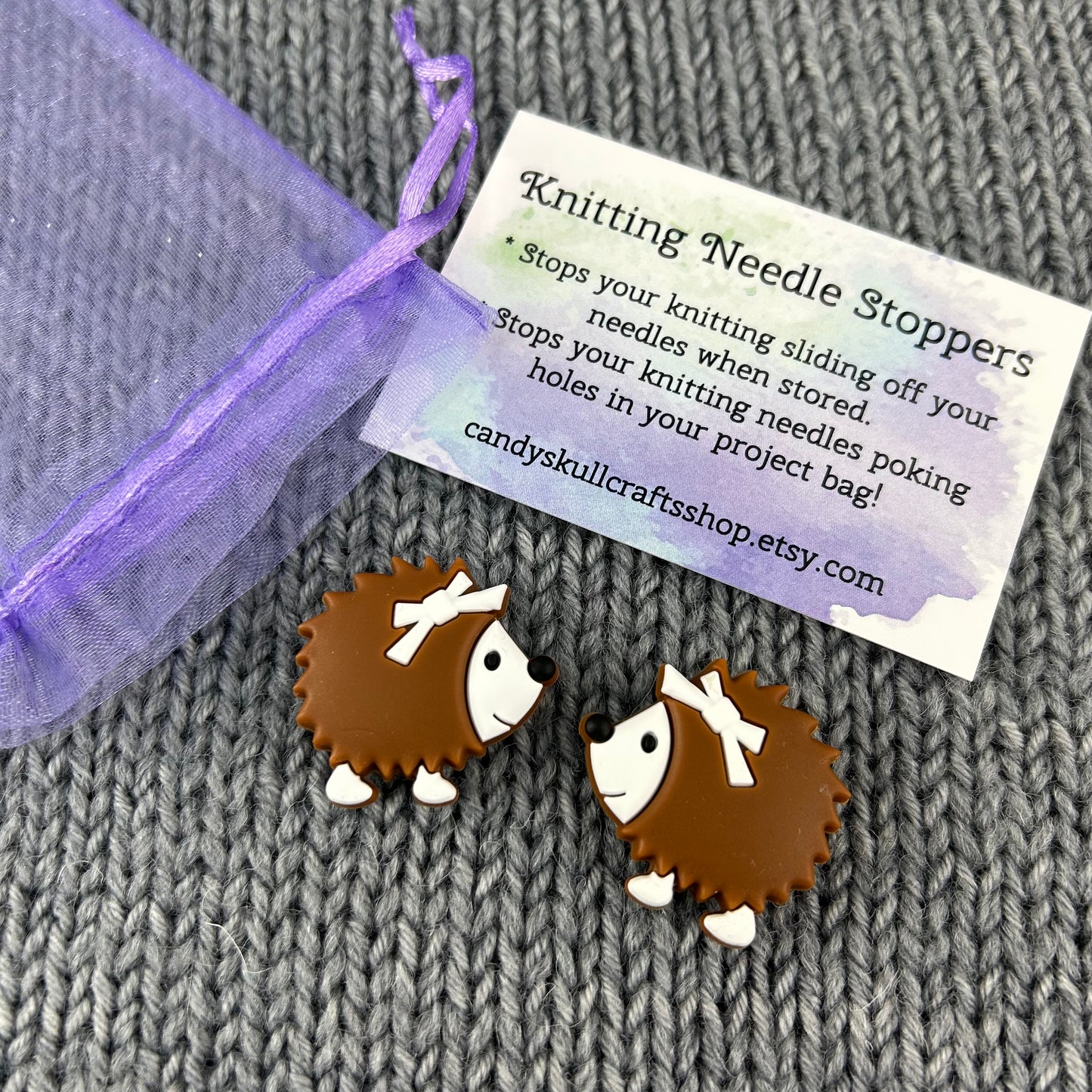 Hedgehog Knitting Needle Stitch Savers or Stoppers, Point Protectors Brown Hedgehog, Knitting Accessories, Gifts for knitters, Notions
