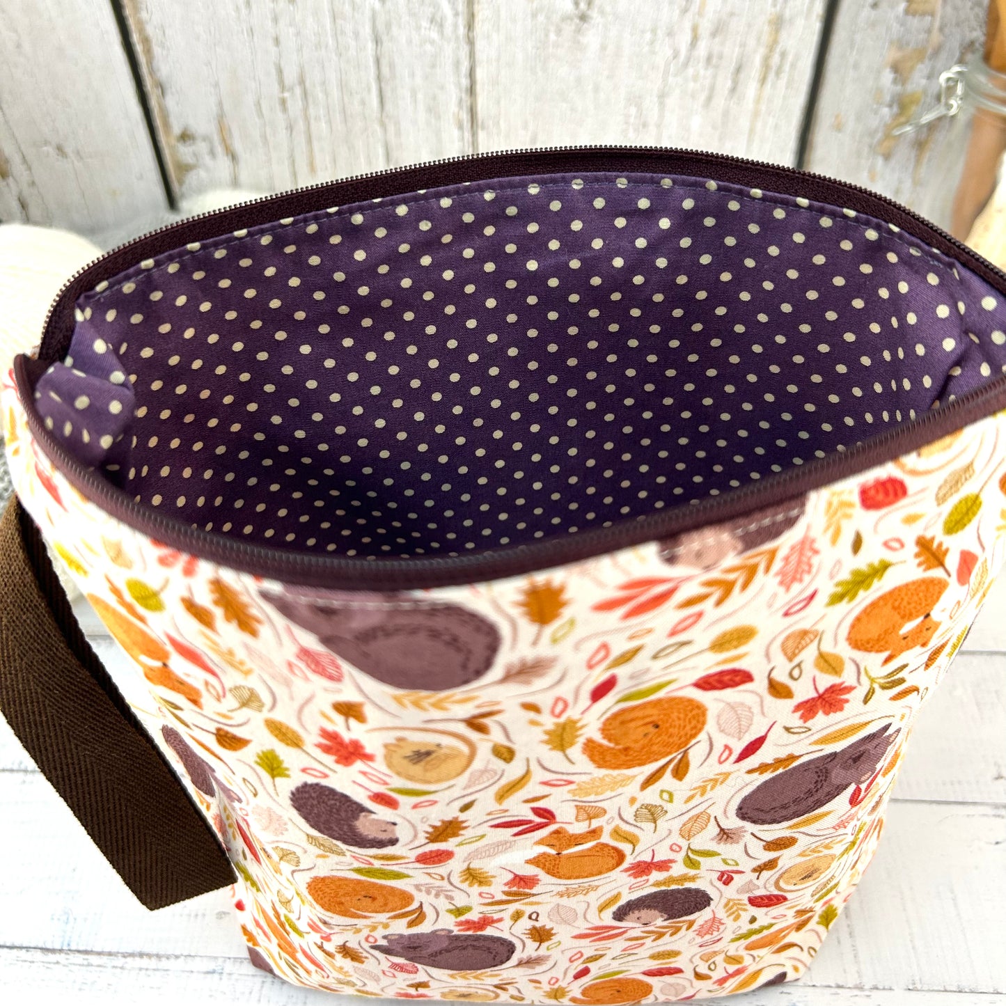 Fall Autumn Hibernating Animals, Knitting Project Bag, Forest Crochet Storage, Knitting Accessories, Gifts For Knitters