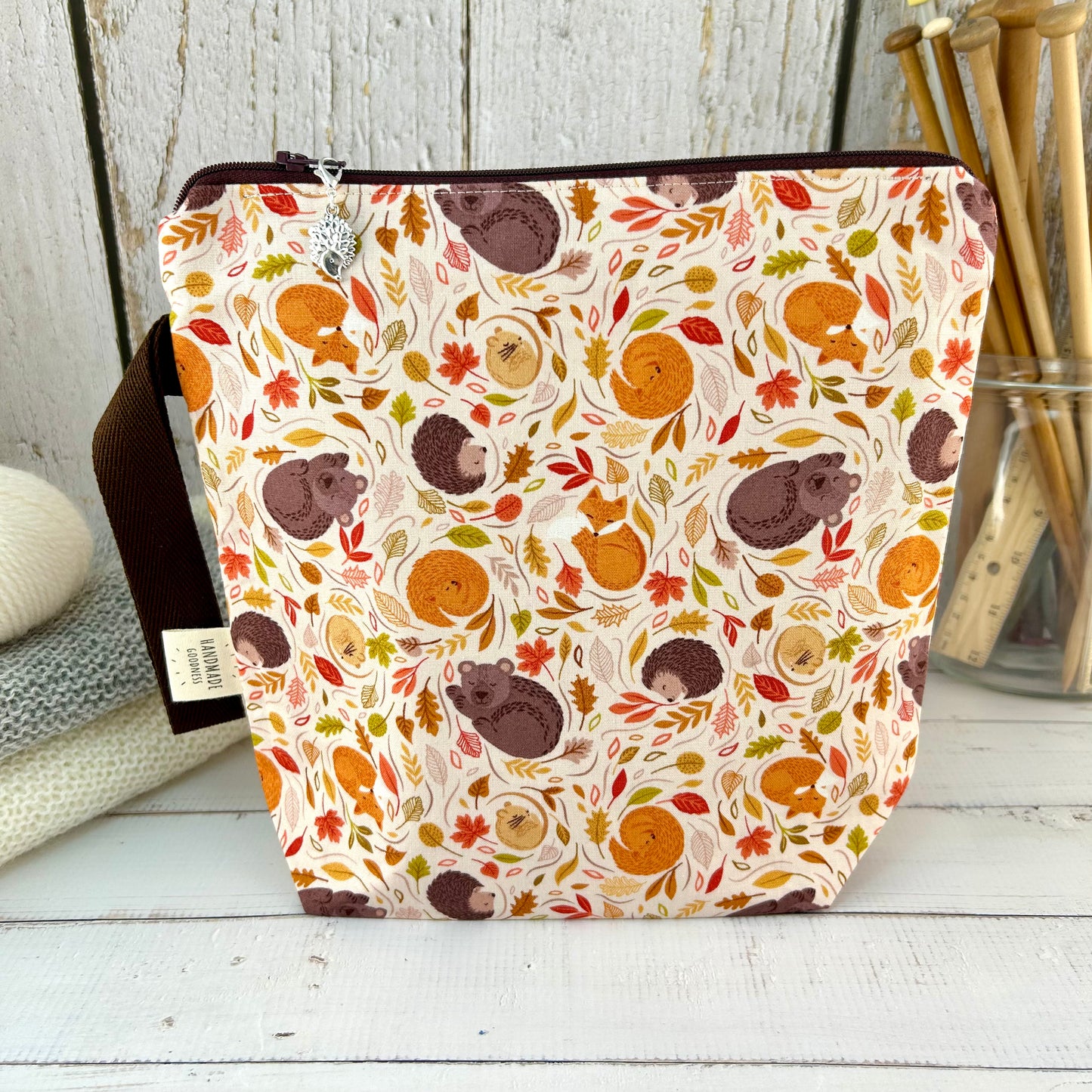 Fall Autumn Hibernating Animals, Knitting Project Bag, Forest Crochet Storage, Knitting Accessories, Gifts For Knitters