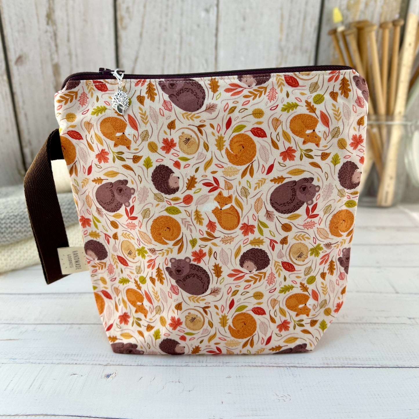 Fall Autumn Hibernating Animals, Knitting Project Bag, Forest Crochet Storage, Knitting Accessories, Gifts For Knitters