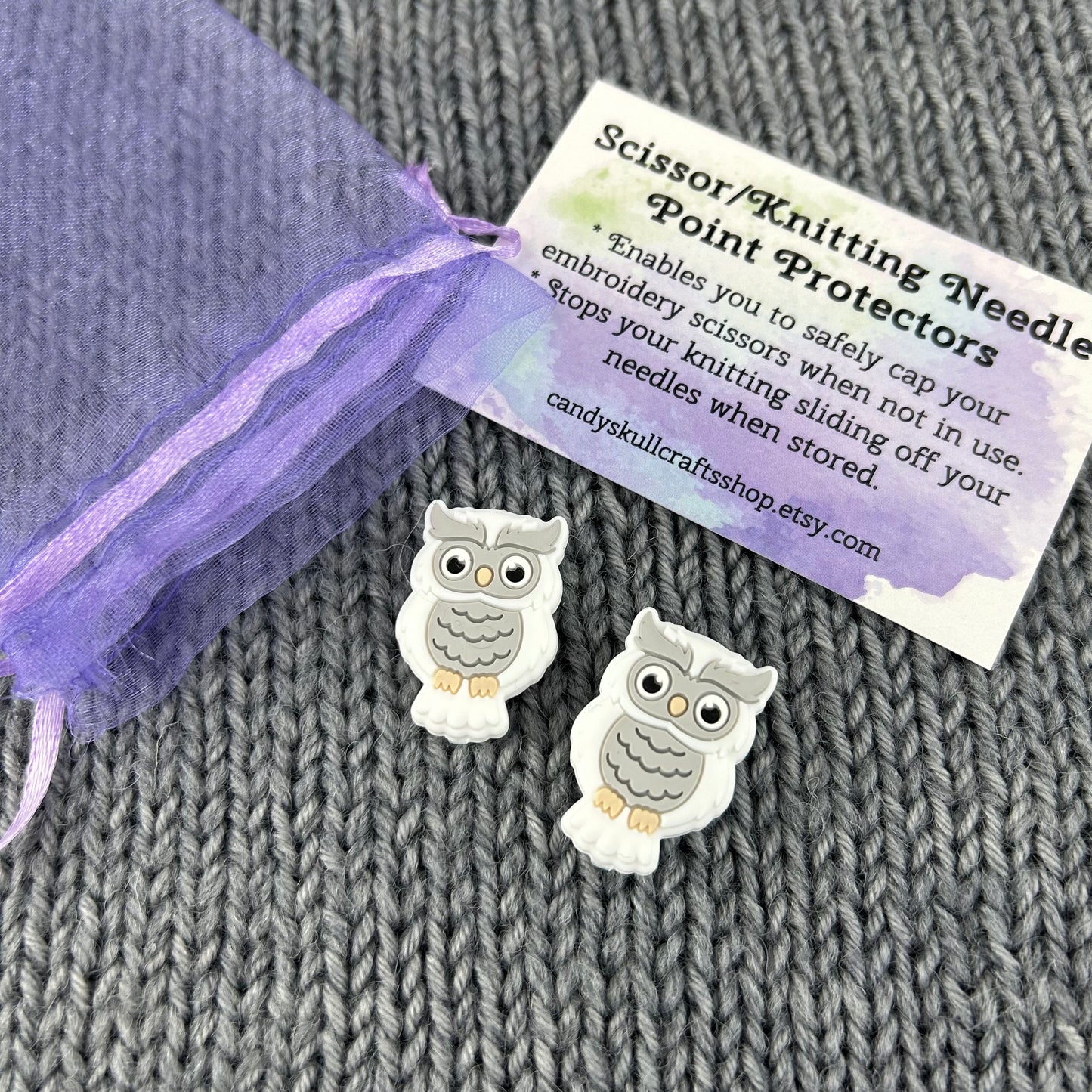 Owl Knitting Needle Stitch Savers Stoppers or End Caps Knitting Accessories, Gifts for knitters, White Owls.