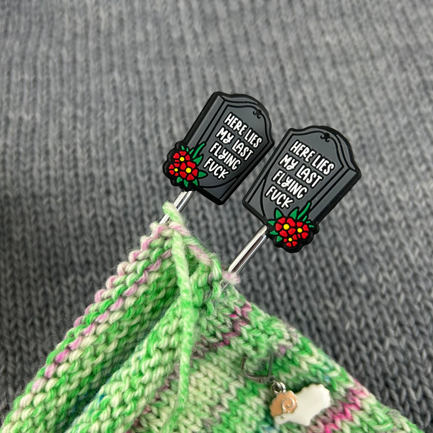 Rude Knitting Needle Stitch Savers Stoppers End Caps, Here Lies My Last Flying F*#k, Knitting Notions Accessories, Gifts for knittersories, Gifts for knitters