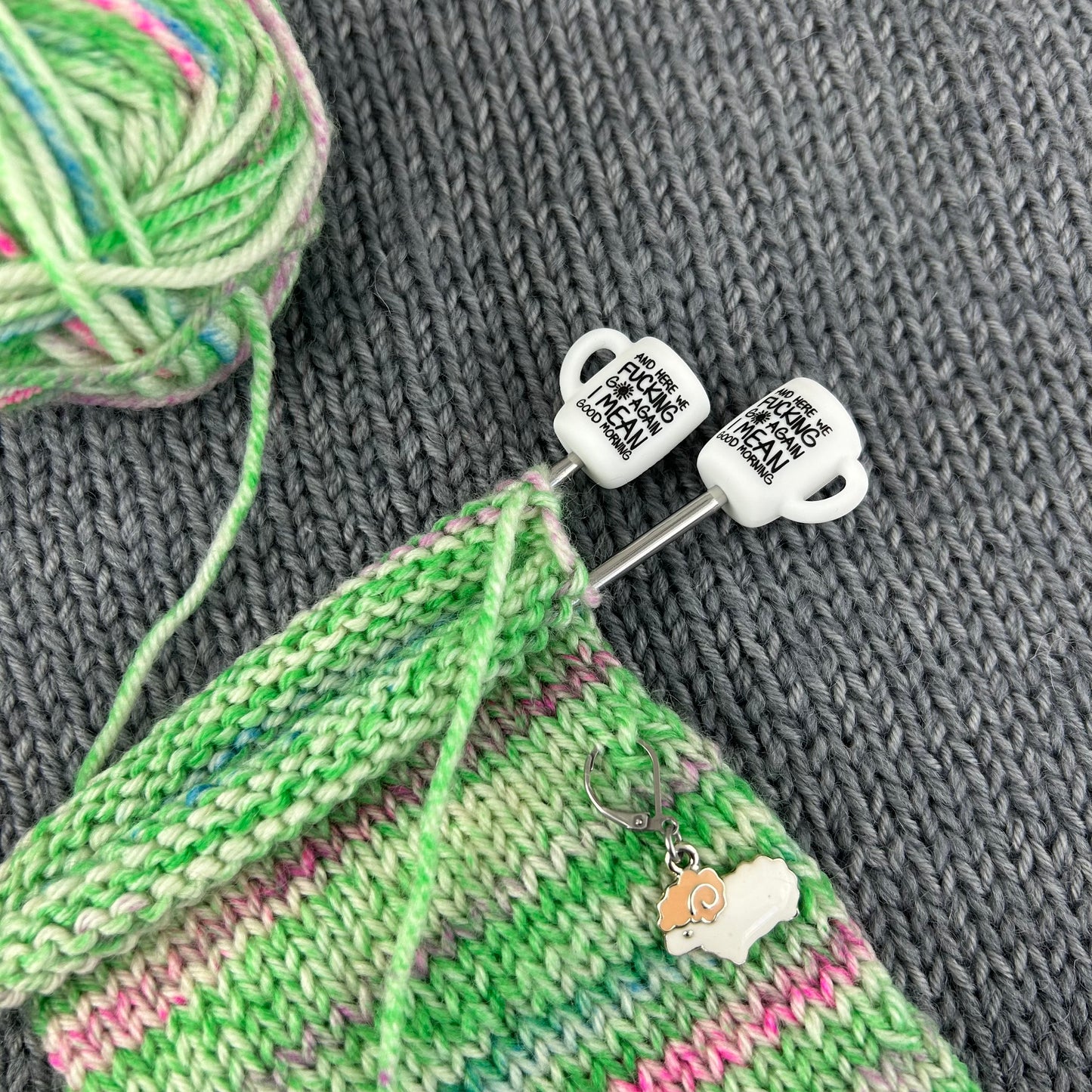 Mug Shaped Knitting Needle Stitch StoppersHere We F*cking Go Again Needle End Caps, Accessories, Gifts for knitters