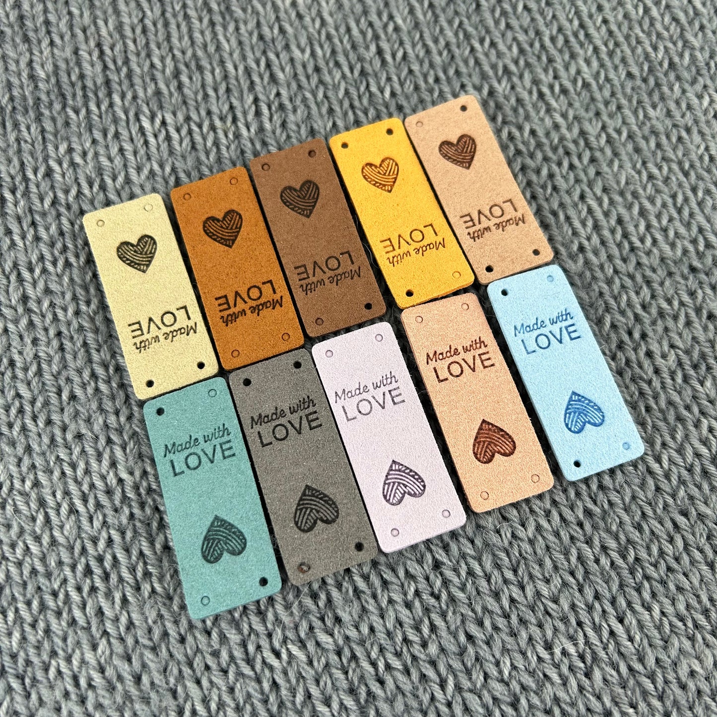 10 PU Pleather Faux Suede Heart Labels “Hand Made” Clothing Sew On Tags Handmade Labels for knitted Garments, sewing, crochet, Craft labels.