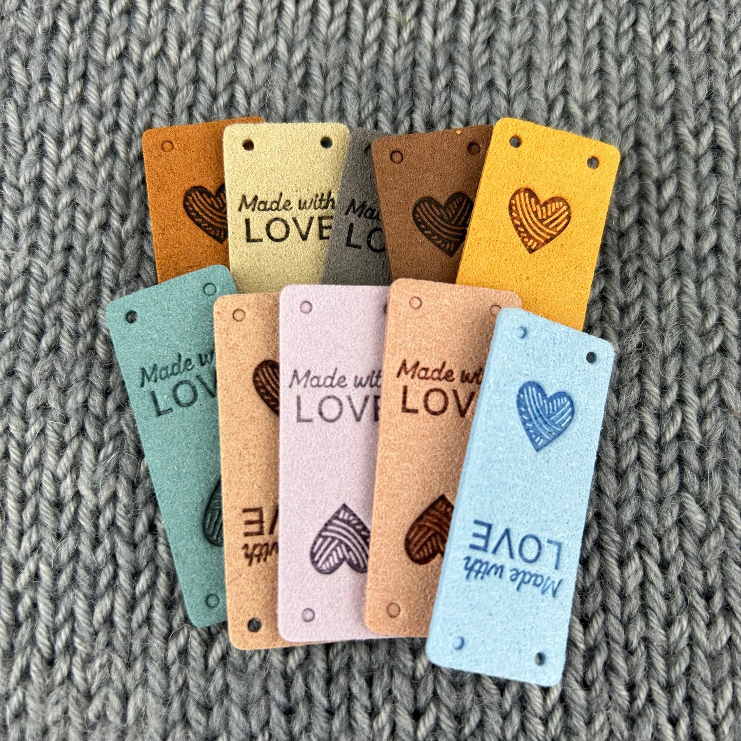 10 PU Pleather Faux Suede Heart Labels “Hand Made” Clothing Sew On Tags Handmade Labels for knitted Garments, sewing, crochet, Craft labels.