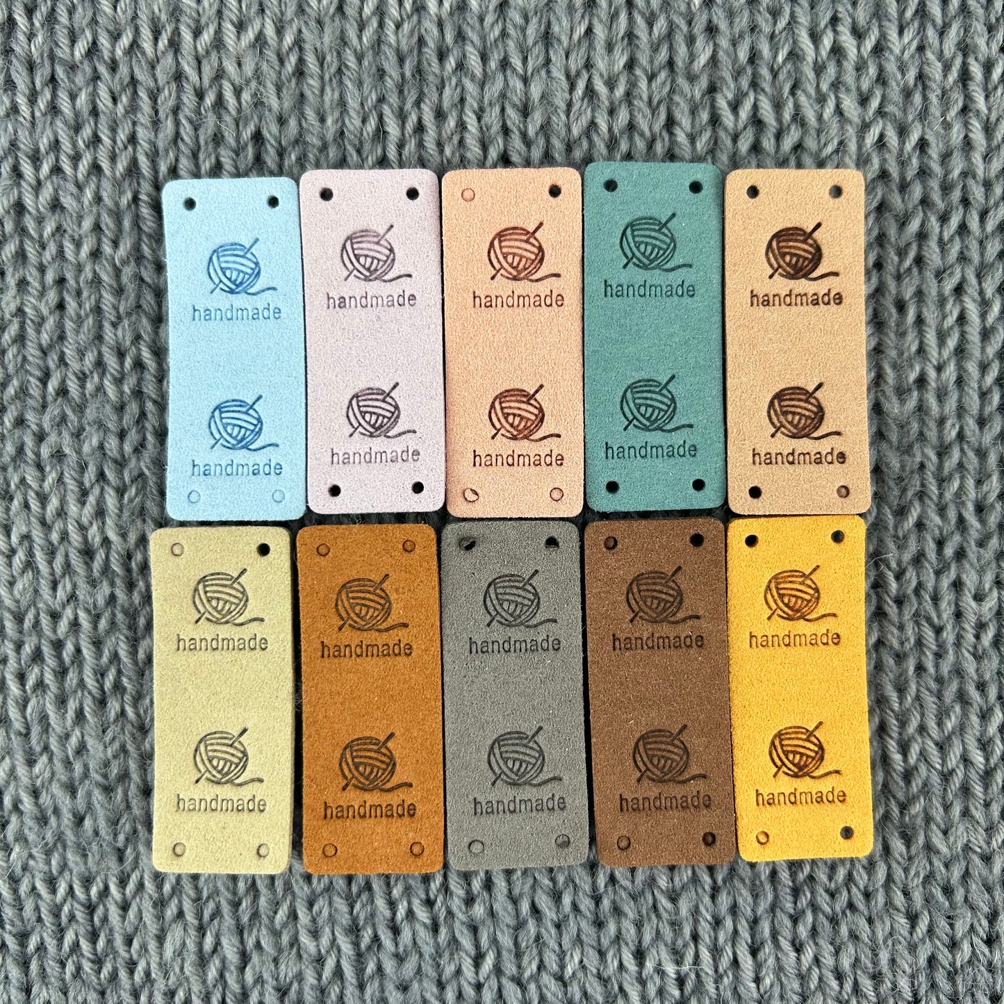 10 PU Pleather Faux Suede Labels “Hand Made” Clothing Sew On Tags Handmade Labels for knitted Garments, sewing, crochet, Craft labels.