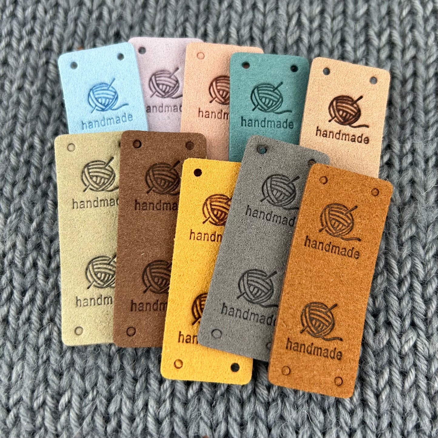 10 PU Pleather Faux Suede Labels “Hand Made” Clothing Sew On Tags Handmade Labels for knitted Garments, sewing, crochet, Craft labels.