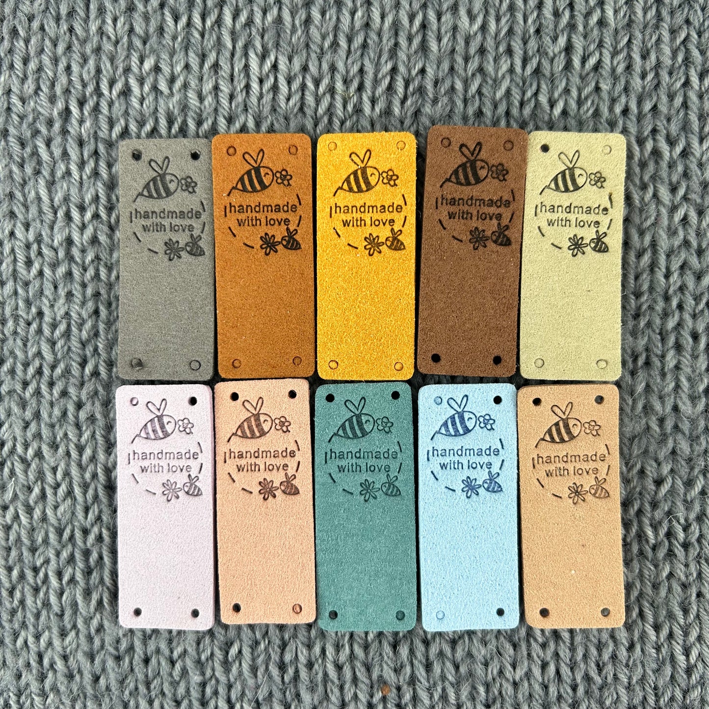 10 PU Pleather Faux Suede Labels “Hand Made” Bee Clothing Sew On Tags Handmade Labels for knitted Garments, sewing, crochet, Craft labels.