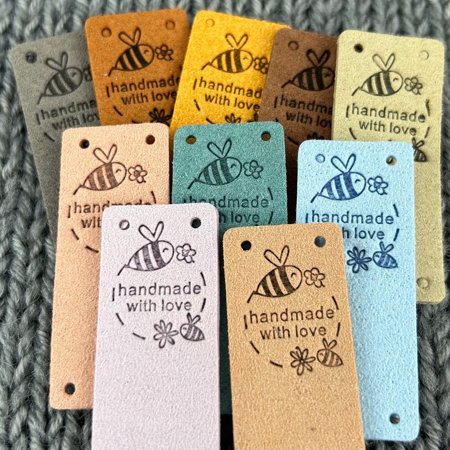 10 PU Pleather Faux Suede Labels “Hand Made” Bee Clothing Sew On Tags Handmade Labels for knitted Garments, sewing, crochet, Craft labels.