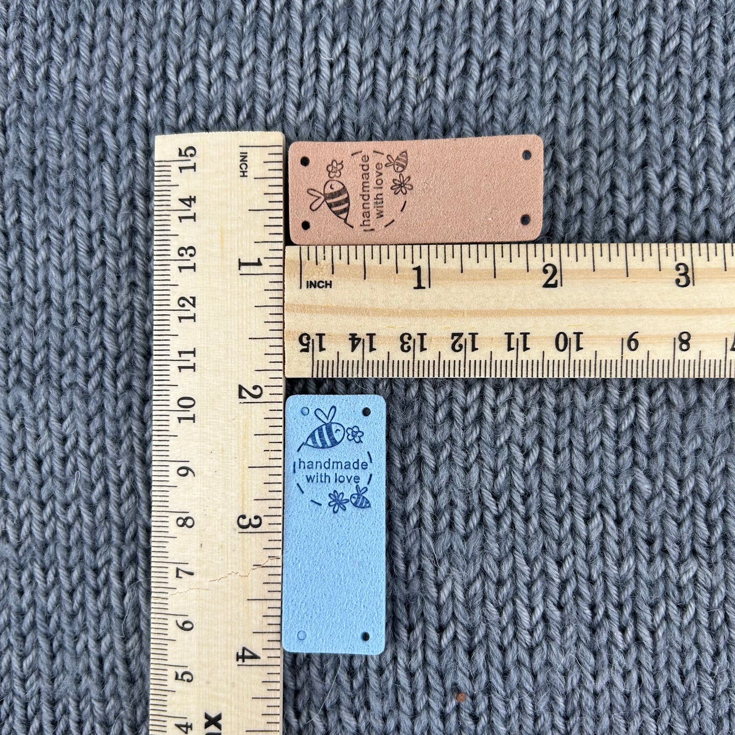 10 PU Pleather Faux Suede Labels “Hand Made” Bee Clothing Sew On Tags Handmade Labels for knitted Garments, sewing, crochet, Craft labels.