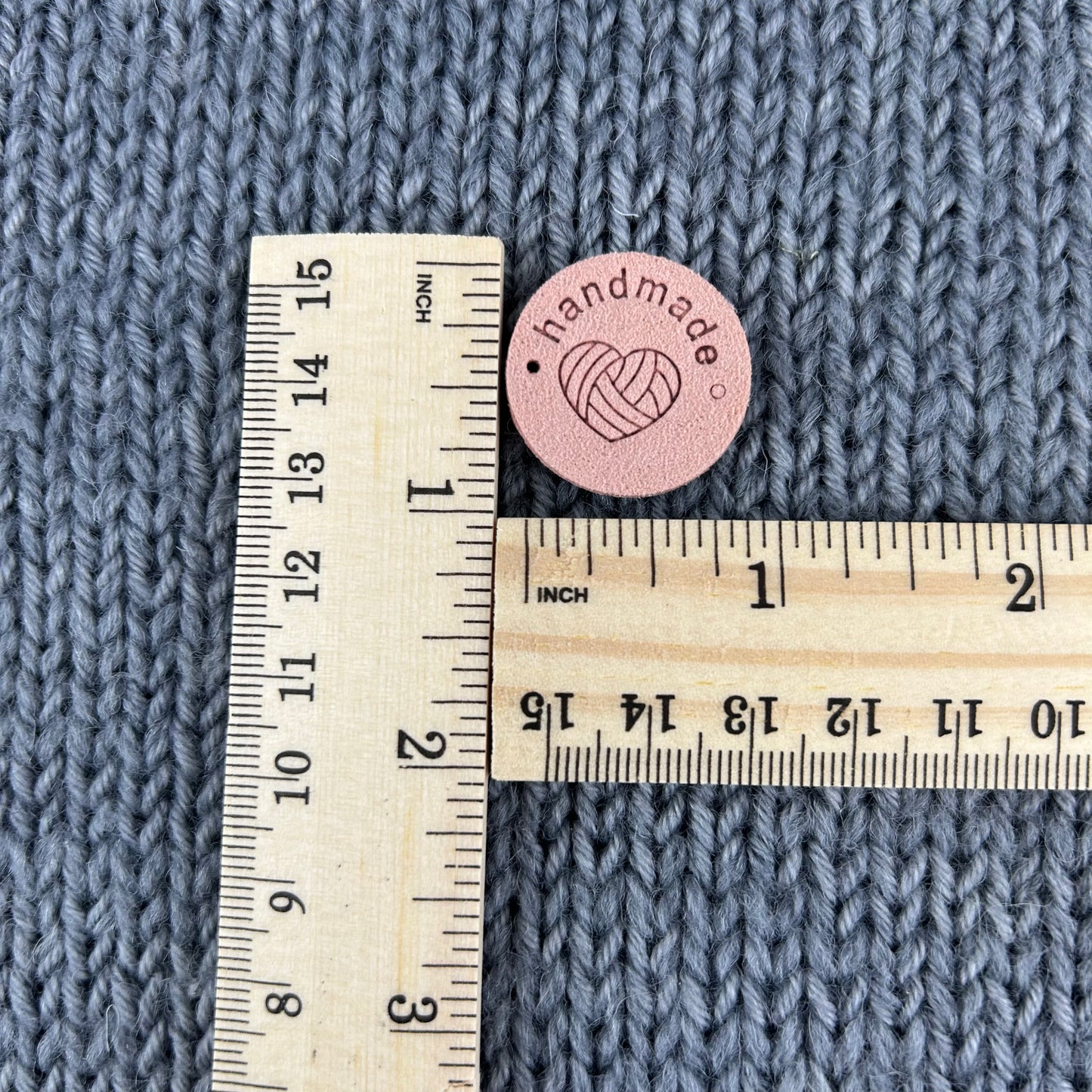 10 Round Ball of Yarn PU Pleather Faux Suede Labels “Hand Made” Clothing Sew On Tags Handmade for knitted Garments, crochet, Craft labels.
