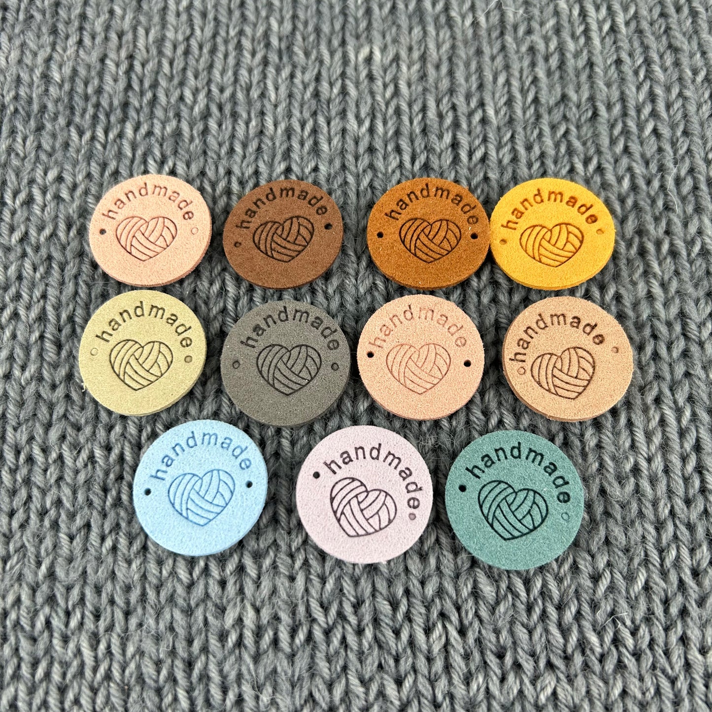 10 Round Ball of Yarn PU Pleather Faux Suede Labels “Hand Made” Clothing Sew On Tags Handmade for knitted Garments, crochet, Craft labels.