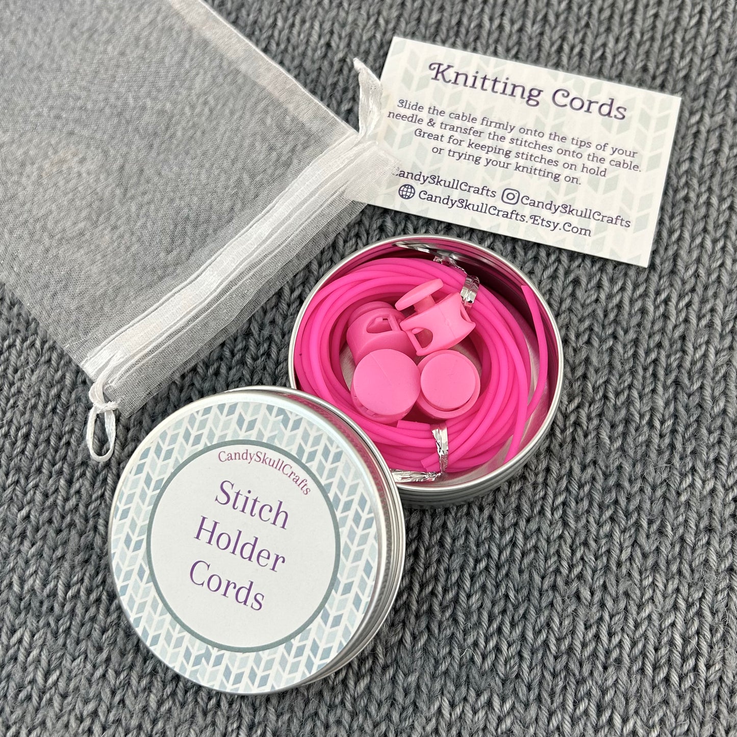 3 Knitting Stitch Holder Cords or Cables in a Tin. 150cm x 1, 75cm x 2 Stitch Keeper Hollow Tubing, Accessories, Notions, Supplies