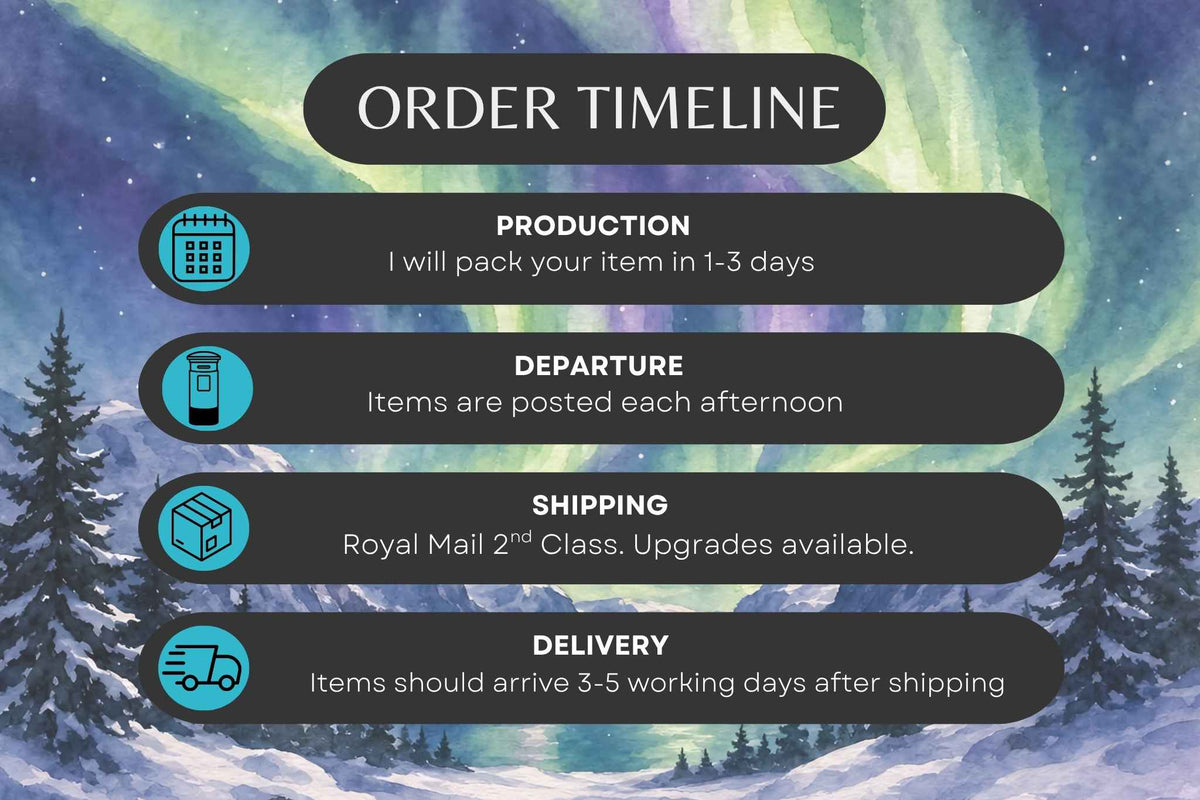 An order timeline infographic with four dark gray rounded rectangular bars over a snowy forest and aurora background. The text reads: ORDER TIMELINE, PRODUCTION - i will pack your item in 1-3 days, DEPARTURE - items posted each afternoon, SHIPPING - Royal Mail 2nd class, upgrades available at checkout, DELIVERY - items should arrive in 3-5 working days, with teal icons for a calendar, package, box, and delivery truck.