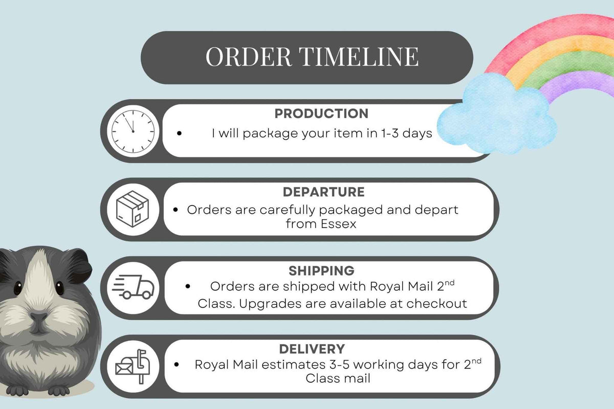 An infographic titled 'ORDER TIMELINE' on a light blue background, showing a guinea pig illustration on the left, a rainbow on the upper right, and four labeled timeline steps: Production, Departure, Shipping, and Delivery with icons and text about Royal Mail shipping. Order will ship via Royal Mail 2d class within 3 working days.Upgrades are available at checkout