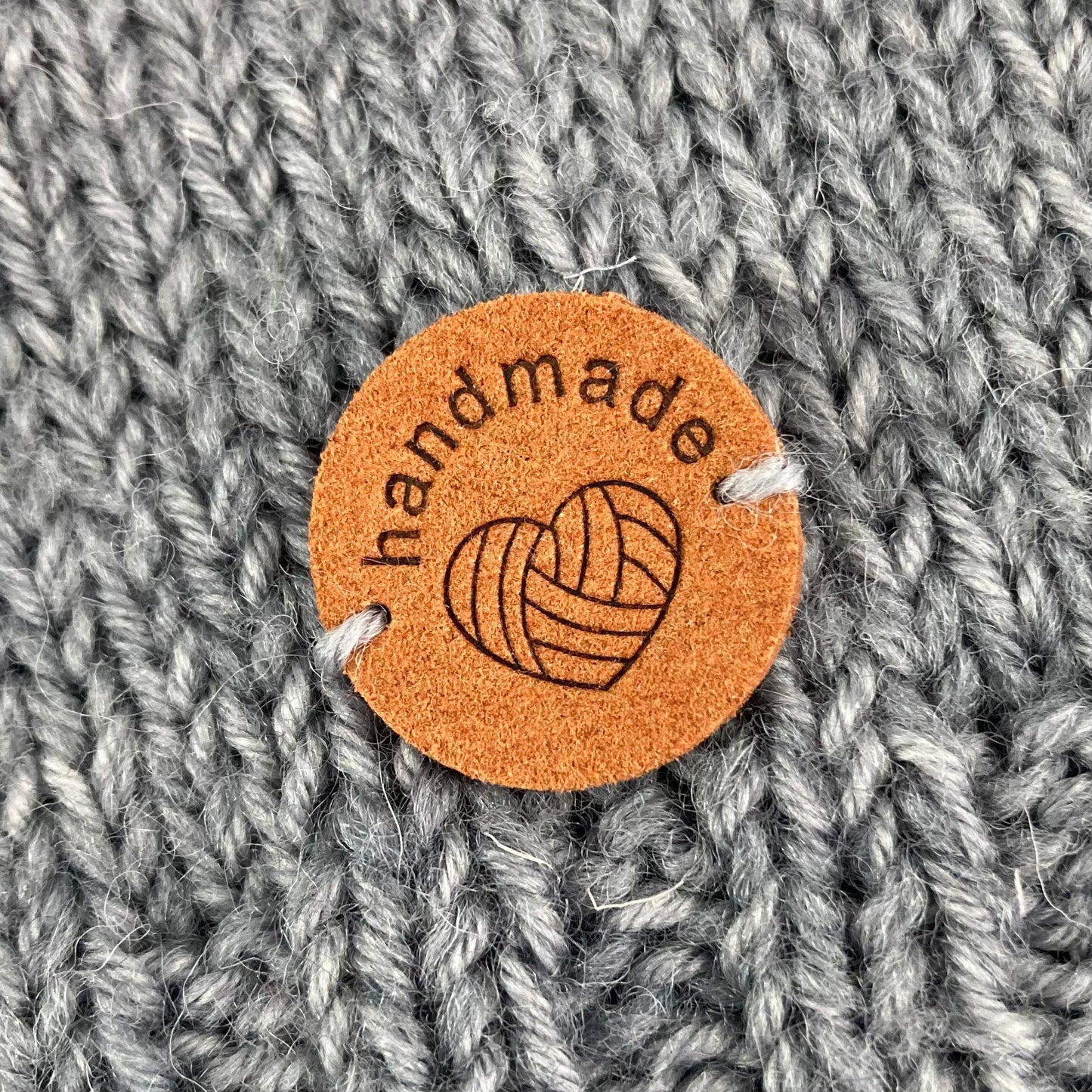 10 Round Ball of Yarn PU Pleather Faux Suede Labels “Hand Made” Clothing Sew On Tags Handmade for knitted Garments, crochet, Craft labels.