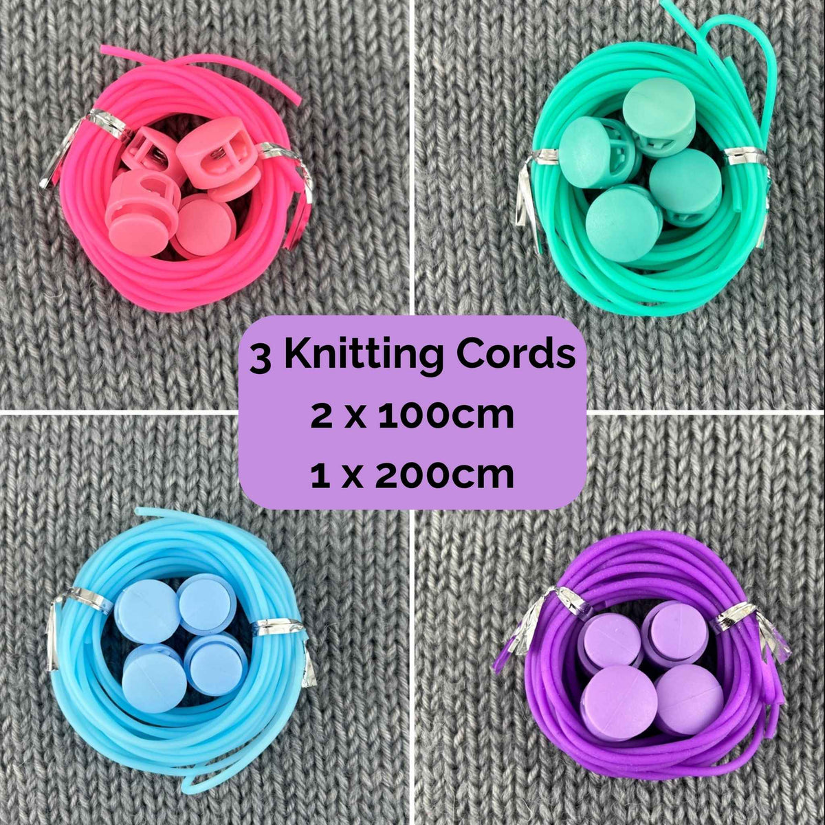 Four coiled knitting cords in pink, sea green, light blue, and purple, arranged in a 2x2 grid on a gray knitted background with a central purple text box listing sizes: 2 x 75cm and 1 x 150cm.