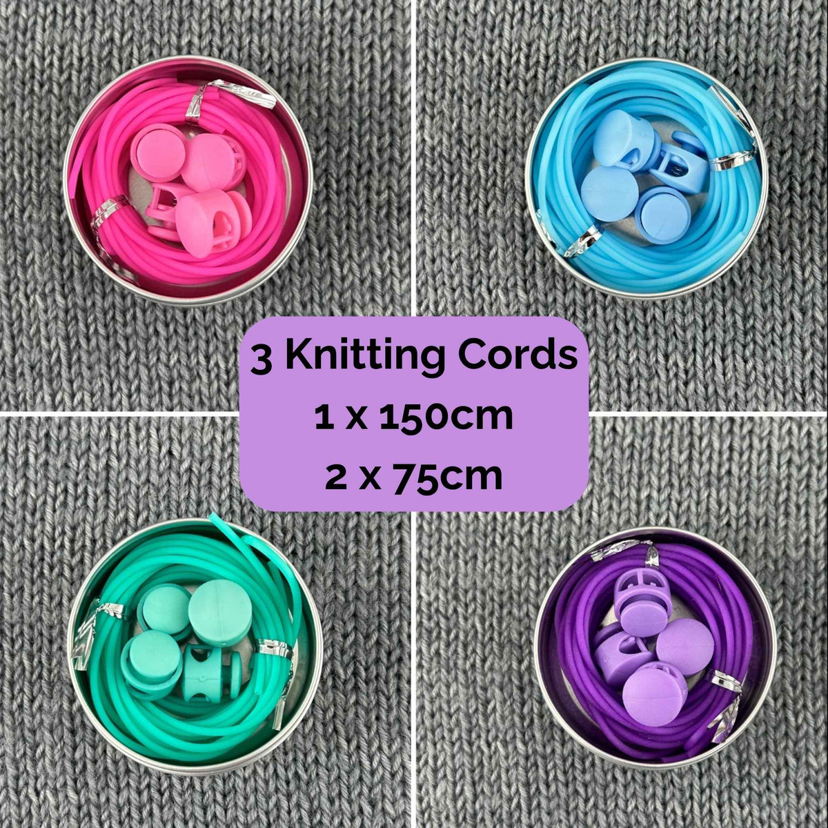 4 sets of knitting stitch holder try on cords with colour coordinating stoppers in metal tins. Text reads "3 knitting cords. 1 x 150cm. 2 x 75cm" Colours displayed are pink, blue, sea green, and purple