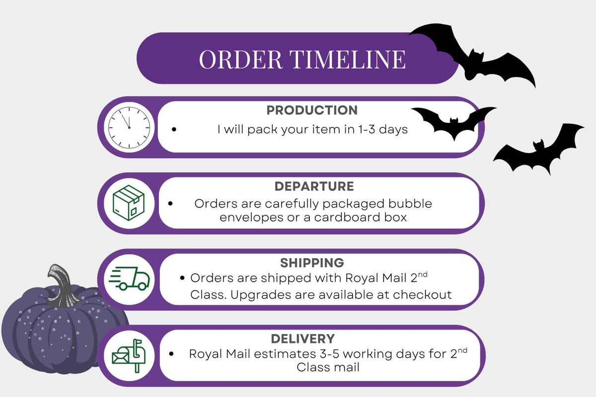 An infographic titled 'ORDER TIMELINE' on a light gray background, showing five labelled stages with icons and text: Production, Departure, Shipping, and Delivery. The design uses purple rounded banners, black bat silhouettes, and a purple pumpkin. Order will ship via Royal Mail 2d class within 3 working days.Upgrades are available at checkout
