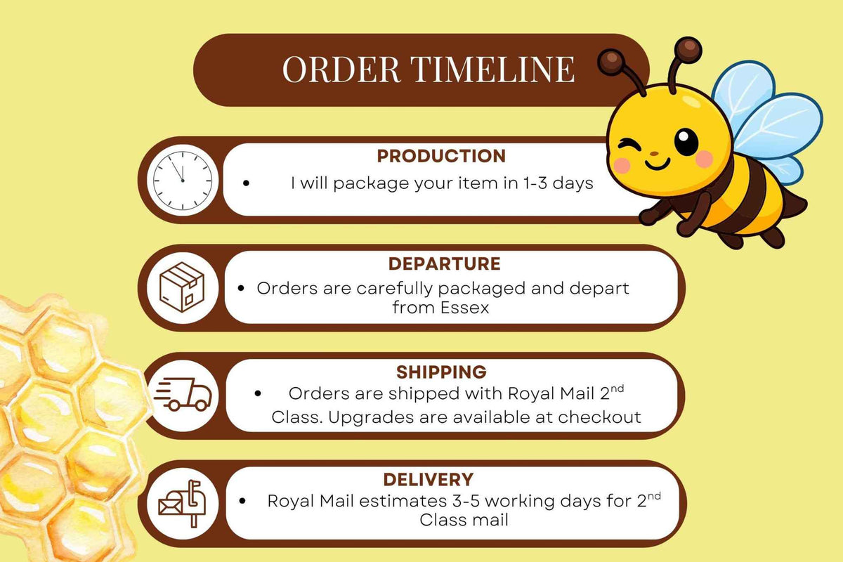 An infographic titled 'ORDER TIMELINE' on a pale yellow background, showing a cartoon bee and icons with text about production, departure, shipping, and delivery times for Royal Mail orders. Order will ship via Royal Mail 2d class within 3 working days.Upgrades are available at checkout
