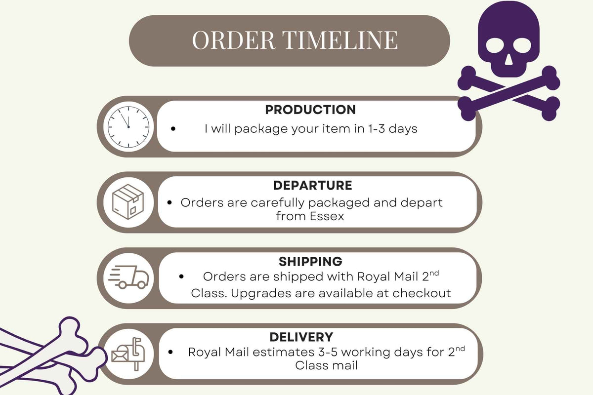 An infographic titled 'ORDER TIMELINE' on a light beige background, showing a purple skull and crossbones icon. It lists order stages with icons and text: PRODUCTION (1-3 days), DEPARTURE, SHIPPING, and DELIVERY, with Royal Mail mentioned in the shipping and delivery sections. Order will ship via Royal Mail 2d class within 3 working days.Upgrades are available at checkout

