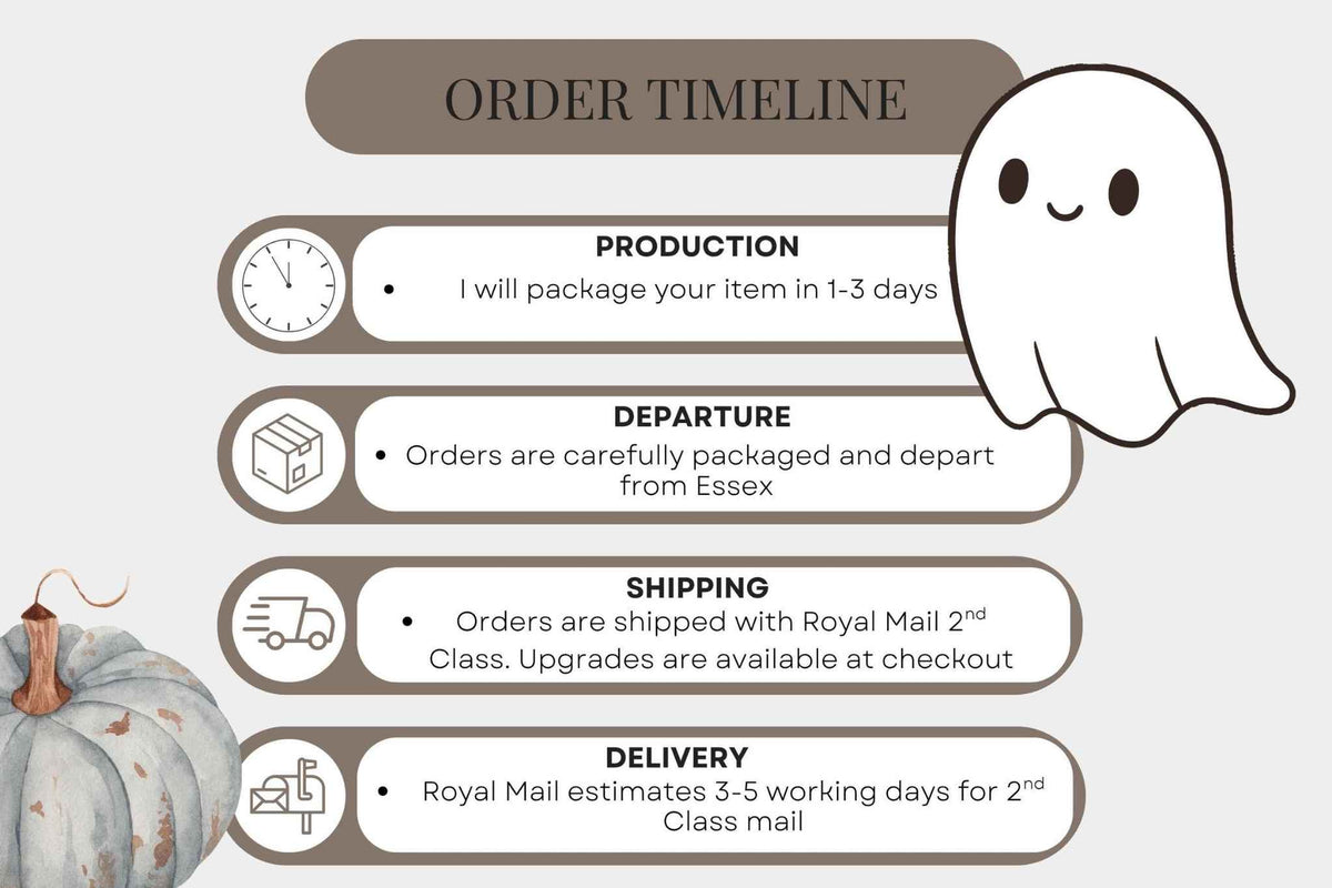 An infographic titled 'ORDER TIMELINE' with five labelled stages: Production, Departure, Shipping, and Delivery, accompanied by simple icons and a cute ghost illustration on a light gray background.  Order will ship via Royal Mail 2d class within 3 working days.Upgrades are available at checkout
