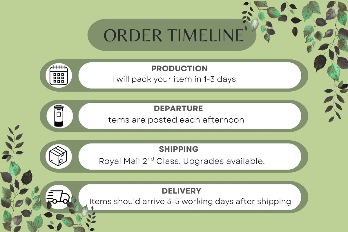 An infographic titled 'ORDER TIMELINE' on a light green background with decorative leaf borders. It lists four stages with icons and text: Production (pack in 1-3 days), Departure (posted each afternoon), Shipping (Royal Mail 2nd Class, upgrades available), and Delivery (arrive 3-5 working days after shipping).