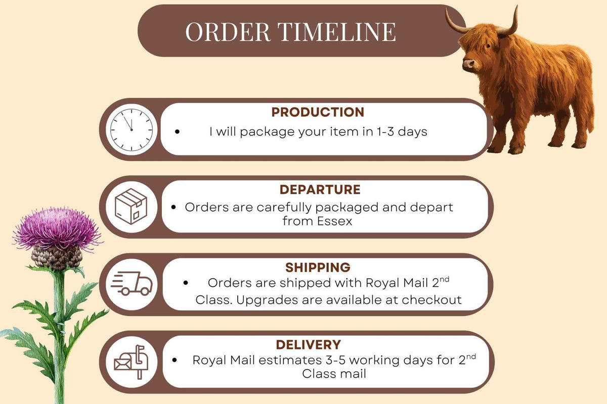 An infographic titled 'ORDER TIMELINE' on a beige background, showing a brown highland cow, a purple thistle, and four labelled timeline steps for production, departure, shipping, and delivery with Royal Mail references. Order will ship via Royal Mail 2d class within 3 working days. Upgrades are available at checkout