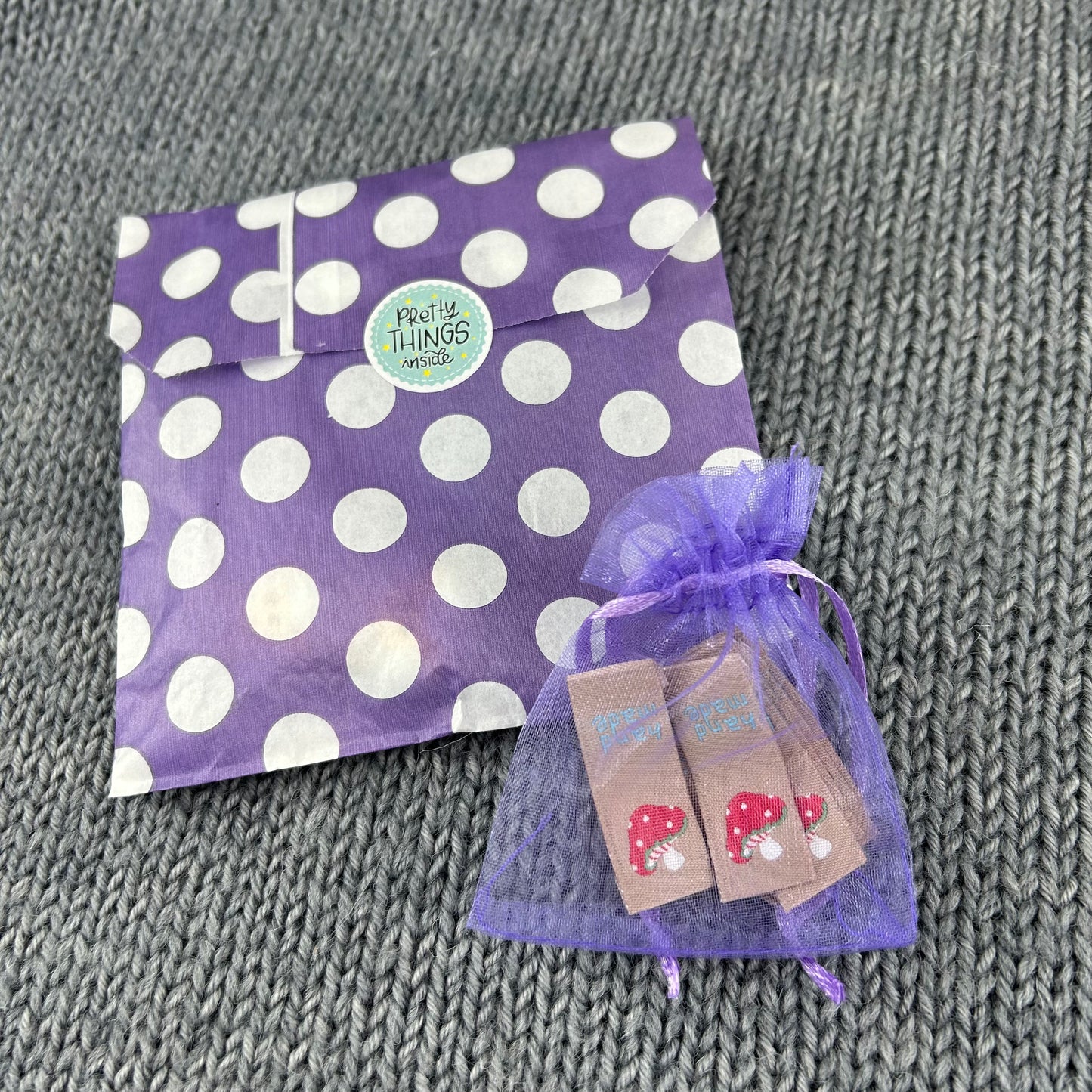 10 Mushroom Fabric Labels “Hand Made” With Love Clothing Sew In Tags Handmade Labels for knitted Garments, sewing, crochet, Craft labels.