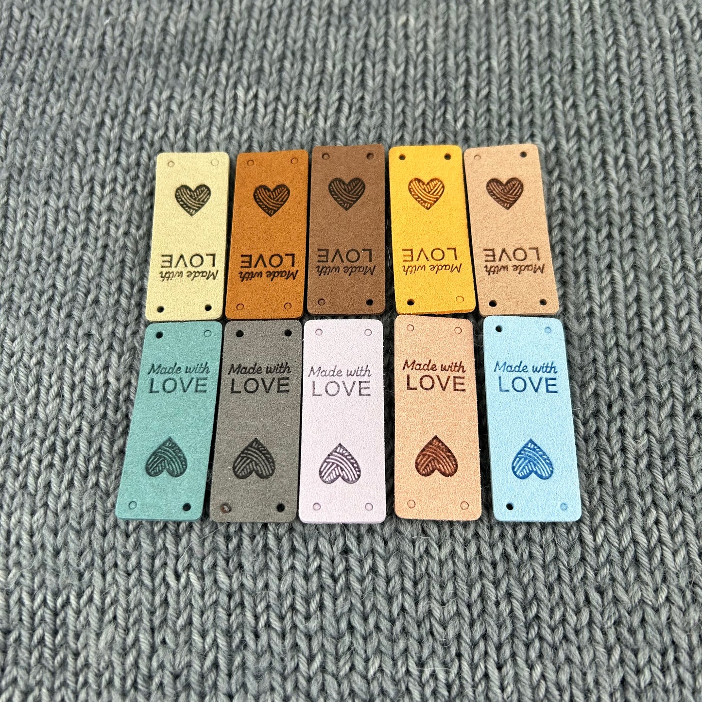 10 PU Pleather Faux Suede Heart Labels “Hand Made” Clothing Sew On Tags Handmade Labels for knitted Garments, sewing, crochet, Craft labels.