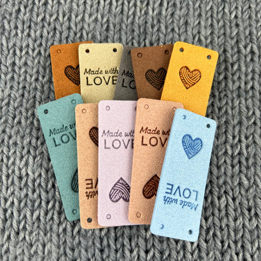 10 PU Pleather Faux Suede Heart Labels “Hand Made” Clothing Sew On Tags Handmade Labels for knitted Garments, sewing, crochet, Craft labels.
