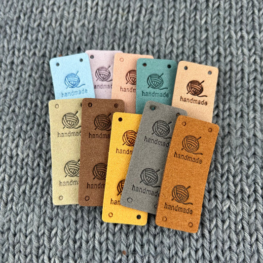 10 PU Pleather Faux Suede Labels “Hand Made” Clothing Sew On Tags Handmade Labels for knitted Garments, sewing, crochet, Craft labels.