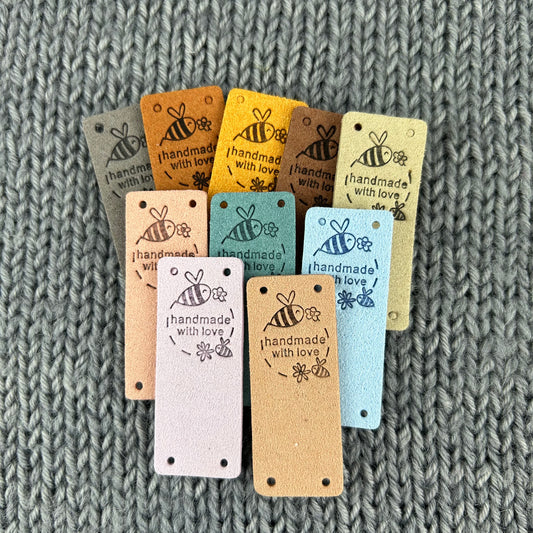 10 PU Pleather Faux Suede Labels “Hand Made” Bee Clothing Sew On Tags Handmade Labels for knitted Garments, sewing, crochet, Craft labels.