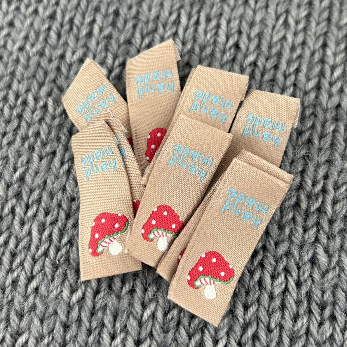 10 Mushroom Fabric Labels “Hand Made” With Love Clothing Sew In Tags Handmade Labels for knitted Garments, sewing, crochet, Craft labels.