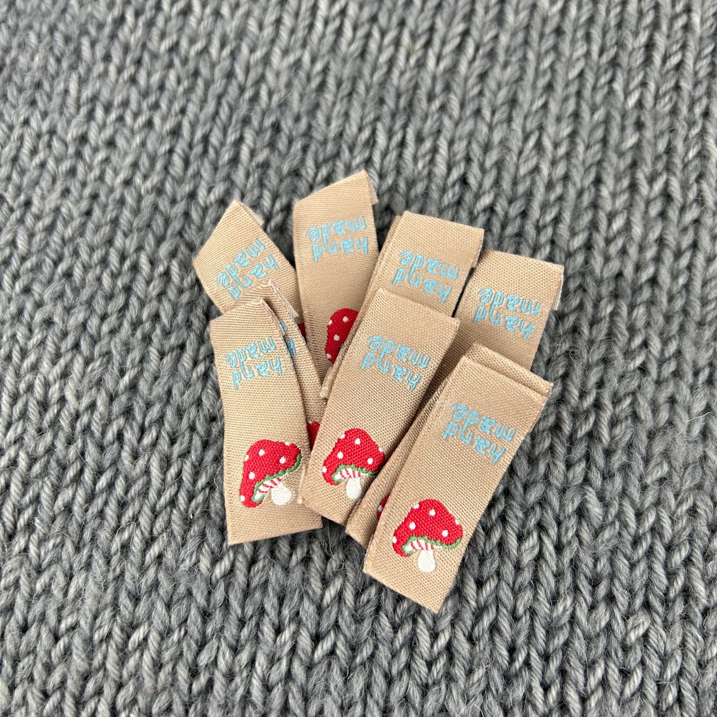10 Mushroom Fabric Labels “Hand Made” With Love Clothing Sew In Tags Handmade Labels for knitted Garments, sewing, crochet, Craft labels.