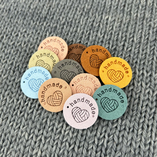 10 Round Ball of Yarn PU Pleather Faux Suede Labels “Hand Made” Clothing Sew On Tags Handmade for knitted Garments, crochet, Craft labels.