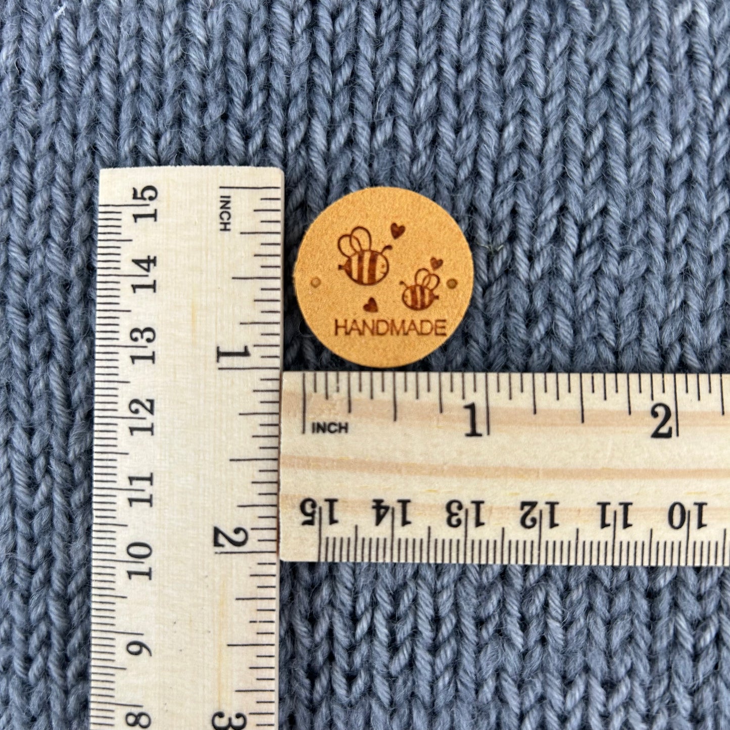14 Round Bee Labels “Hand Made”, made from PU Pleather Faux Suede. Clothing Sew On Tags for Knitted, Crochet or Sewn Garments, Craft labels.