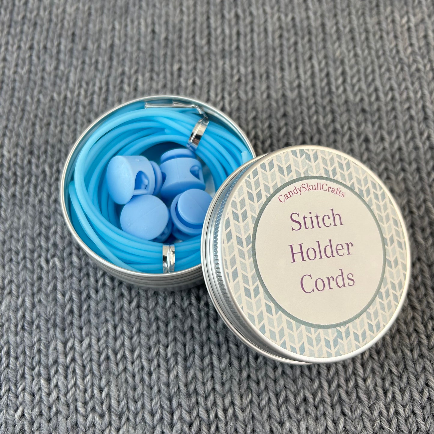 6 Knitting Stitch Holder Cords or Cables in a Tin. Stitch Keeper Hollow Tubing, Accessories, Notions, Supplies