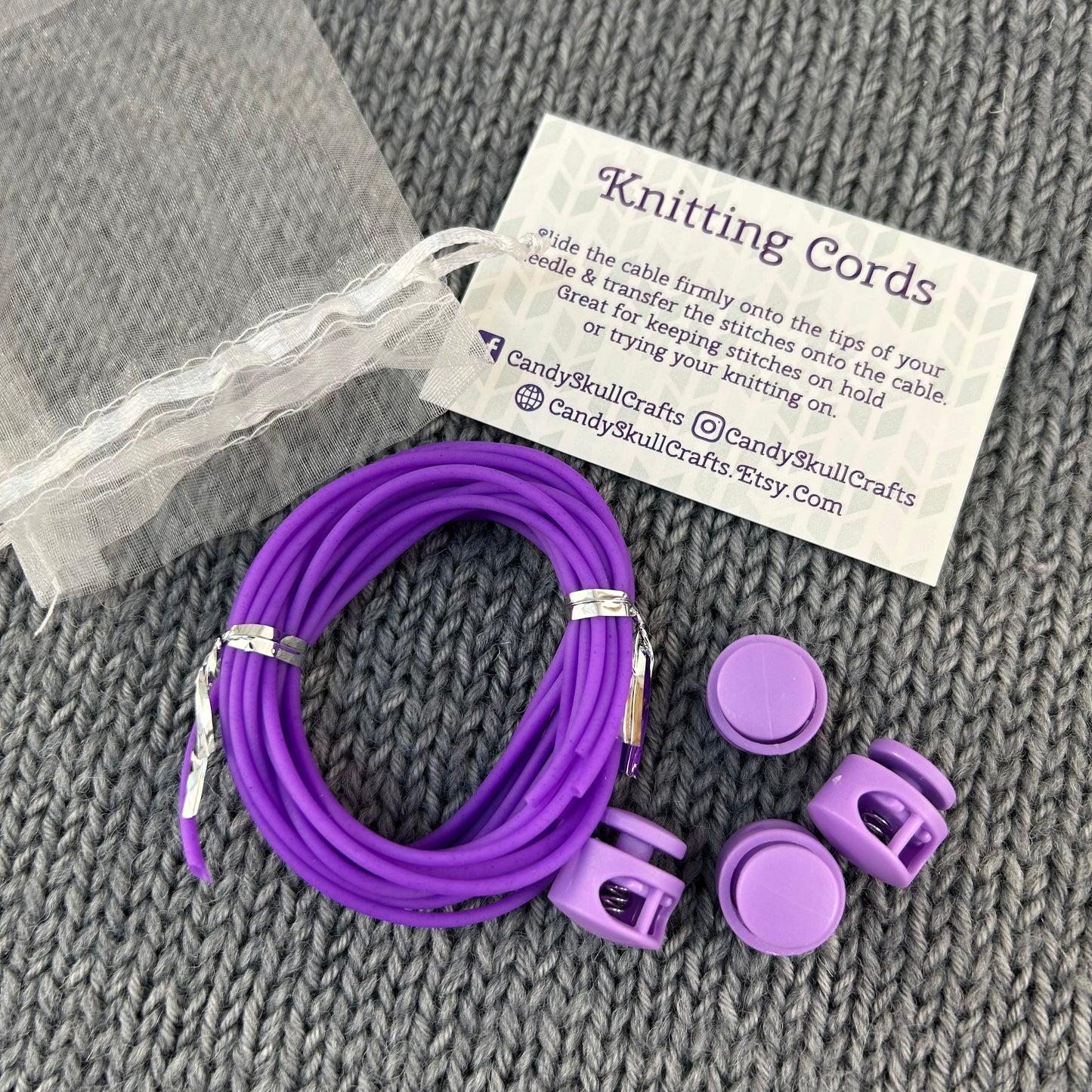 3 Knitting Stitch Holder Cords or Cables in an Organza Bag, Stitch Keeper Hollow Tubing, Accessories, Notions, Supplies