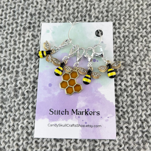 Bee And Honeycomb Knitting Stitch Markers Set, Progress Keepers, Crochet, Knitting Accessories, Gifts for knitters