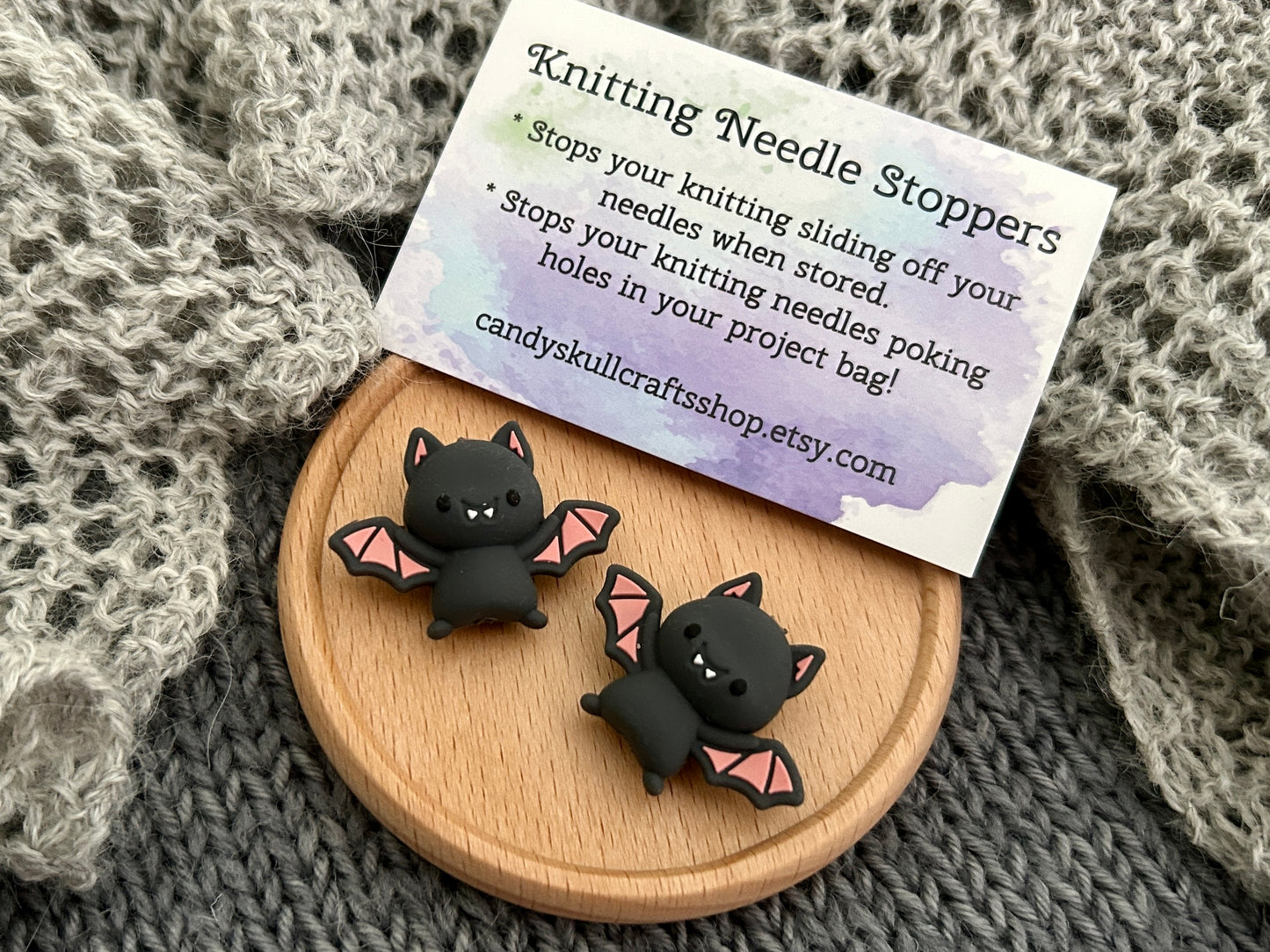 Bat Knitting Needle Stitch Savers,Halloween Point Protectors, Stoppers, End Caps, Huggers, Knitting Accessories, Gifts for knitters