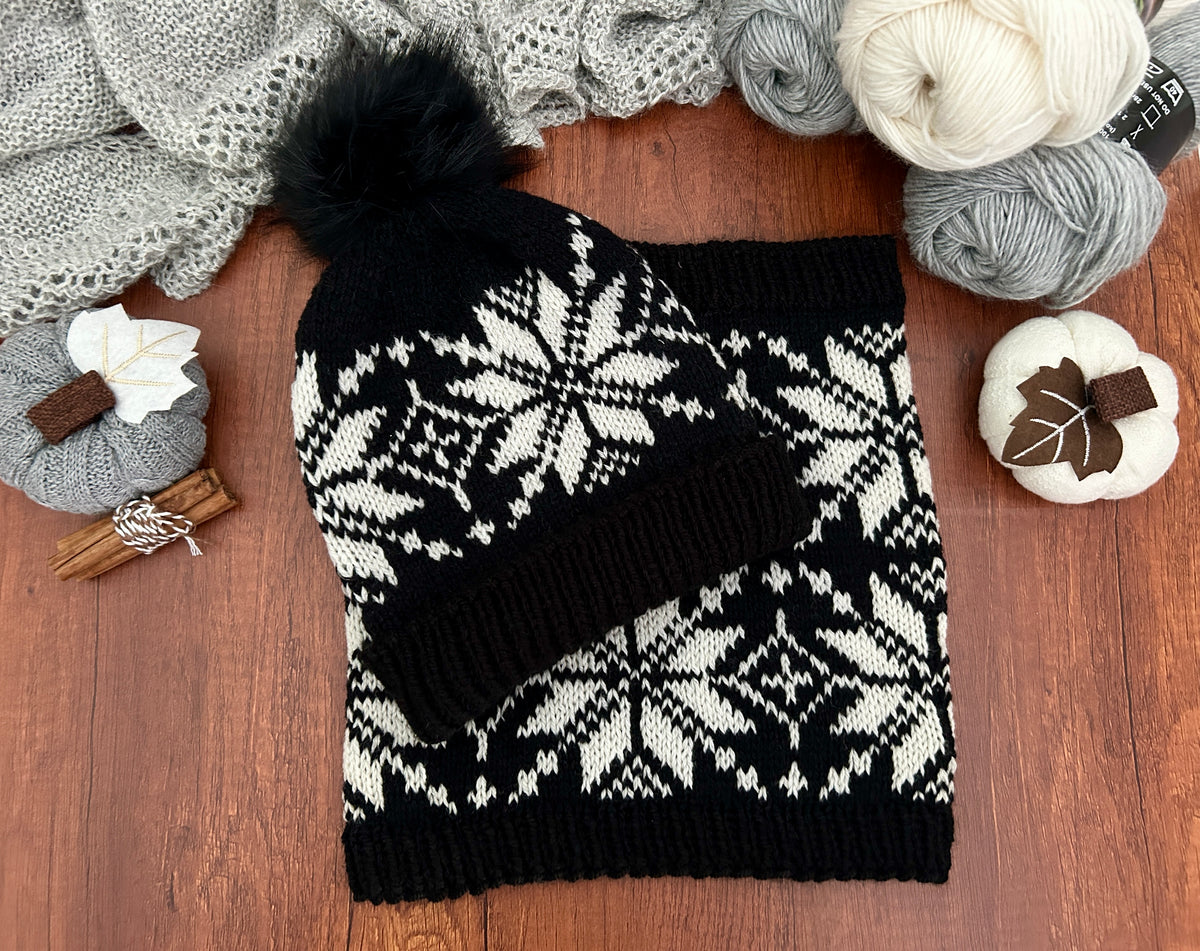Simple Selbu Hat Cowl Knitting Pattern Stranded Colourwork Norwegian Star Rose Aran Worsted Weight Norwegian Scandinavian Knitted Design, Northern Star.