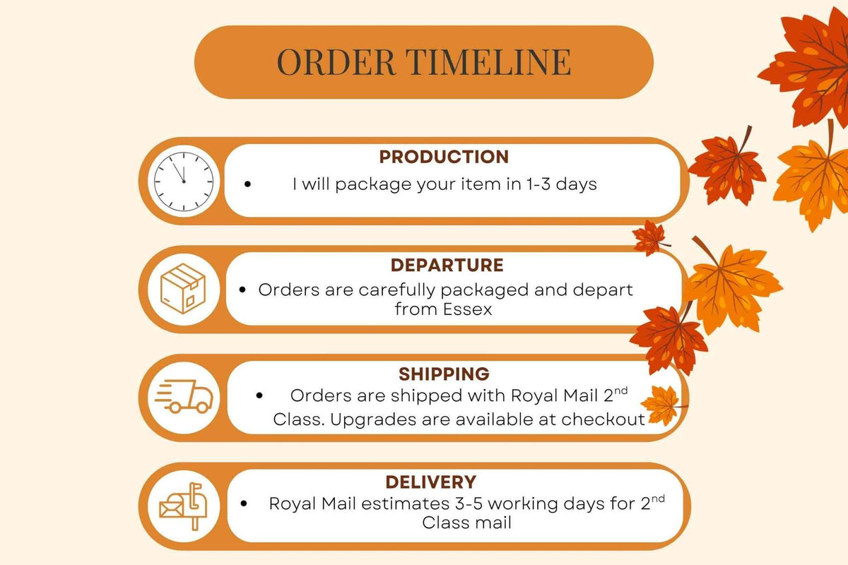 An info graphic with autumn leaves in the corner. The graphic says that orders are dispatched in 1-3 days and sent Royal Mail second class. Upgrades available at checkout