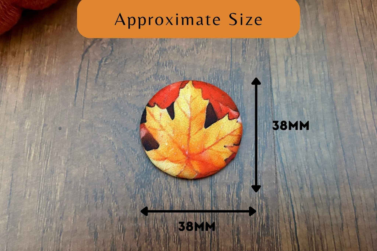 A fabric magnetic needle minder featuring a autumnal maple leaf showing the measurements as 38mm by 38mm