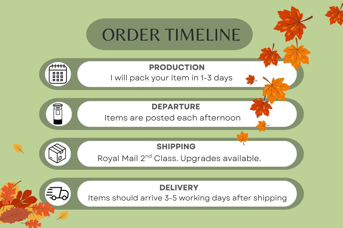 An order timeline infographic on a light green background with autumn leaves. It outlines production, departure, shipping, and delivery with corresponding icons and text. Order will ship via Royal Mail 2d class within 3 working days.Upgrades are available at checkout
