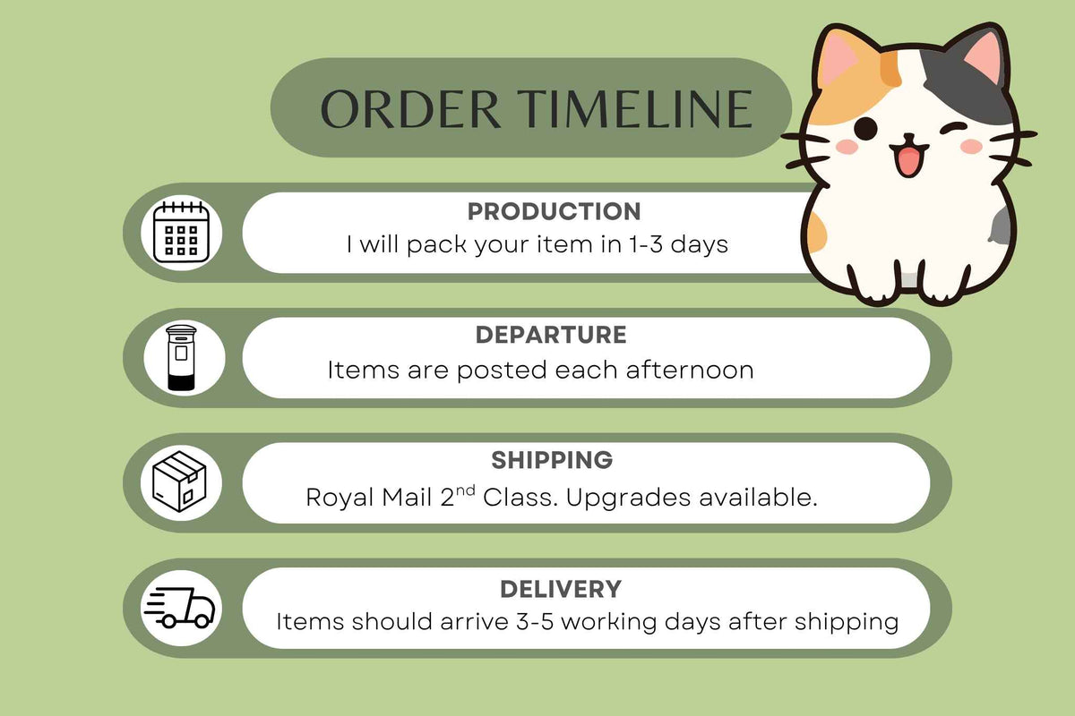 An order timeline infographic on a light green background with a cartoon cat illustration. It lists production, departure, shipping, and delivery with simple icons and text. The graphic says that orders are dispatched in 1-3 days and sent Royal Mail second class. Upgrades available at checkout
