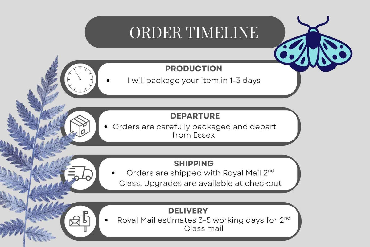 An infographic titled 'ORDER TIMELINE' on a light gray background, showing five labelled stages: Production, Departure, Shipping, and Delivery, with simple icons and blue decorative leaf and moth illustrations. Order will ship via Royal Mail 2d class within 3 working days.Upgrades are available at checkout
