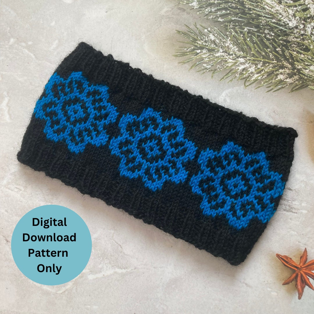 A black and blue knitted selbu stranded colourwork headband shown on a light textured surface with decorative pine branches and a star anise. A blue circular badge reads 'Digital Download Pattern Only."